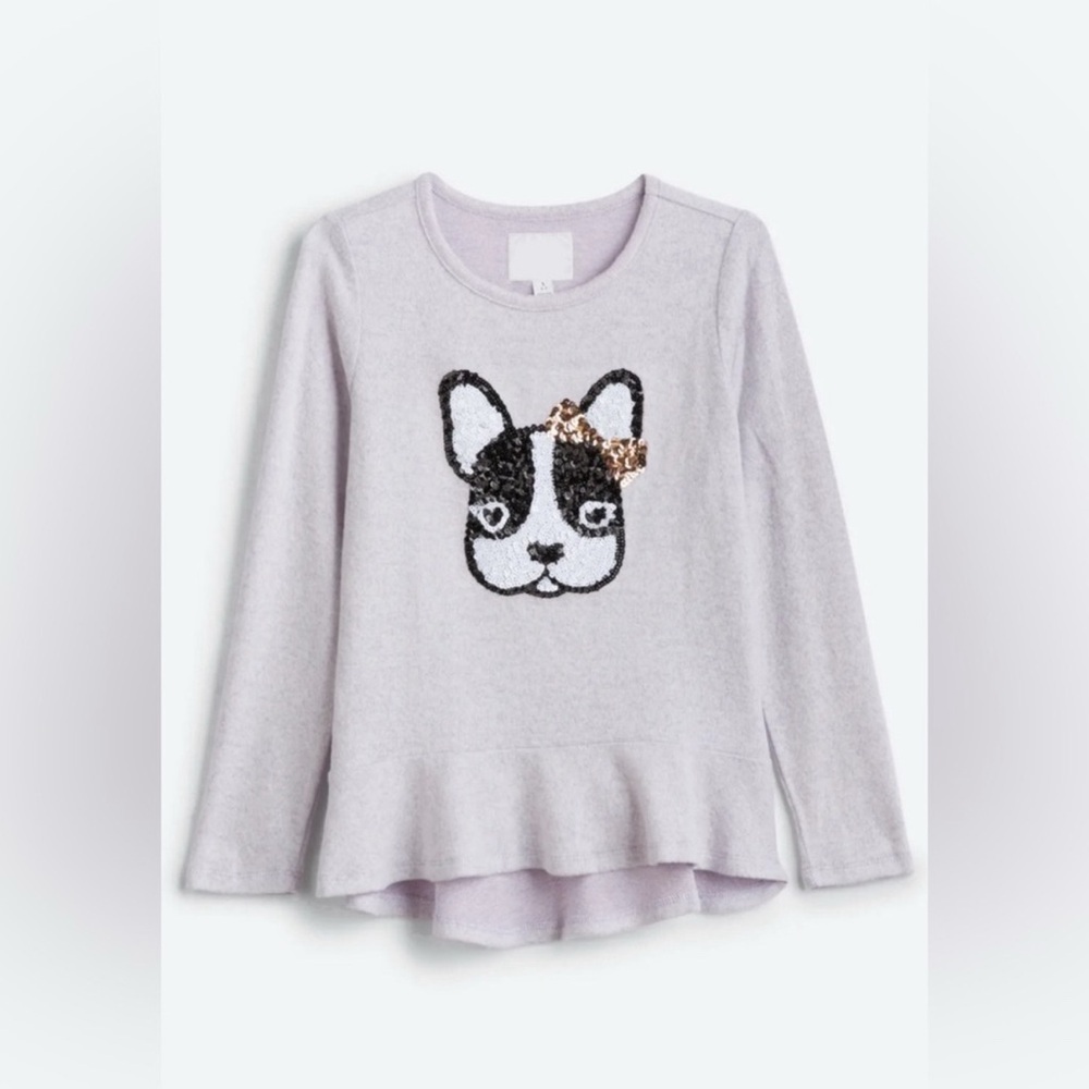 Girls Bailey Lane peplum sweater Dog‎ sequins lilac NWT Medium 8/10 stitch fix